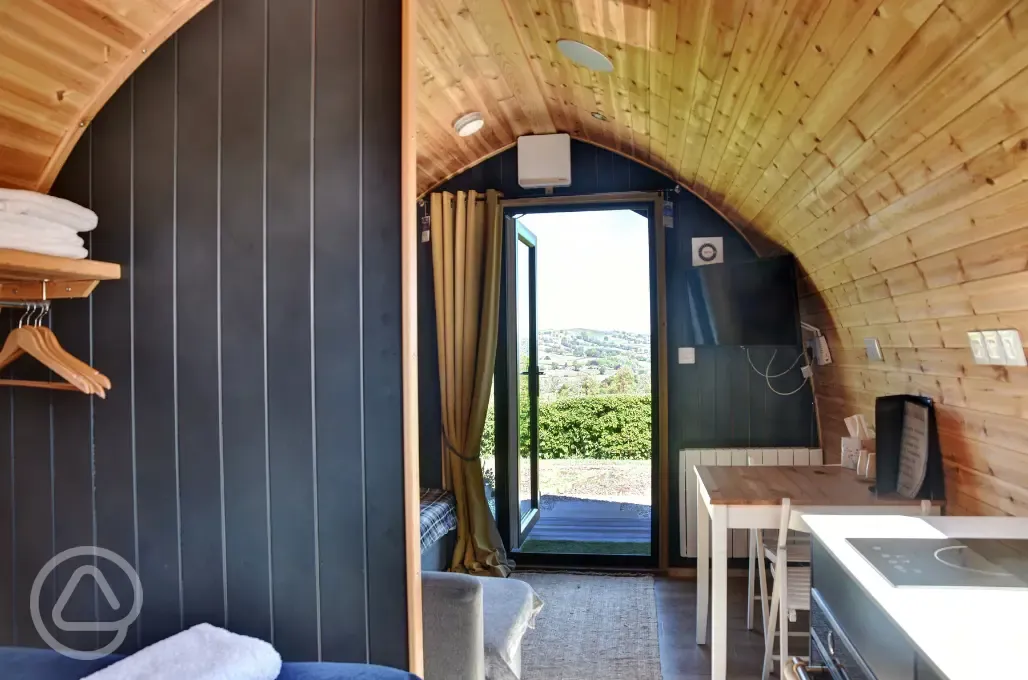Glamping pod with hot tub interior