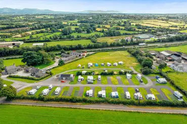 Aerial of the campsite and views over Snowdonia