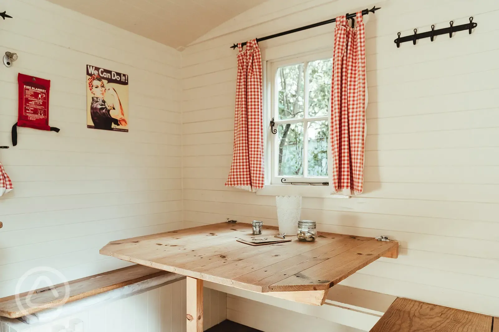 Shepherd's hut seating area 