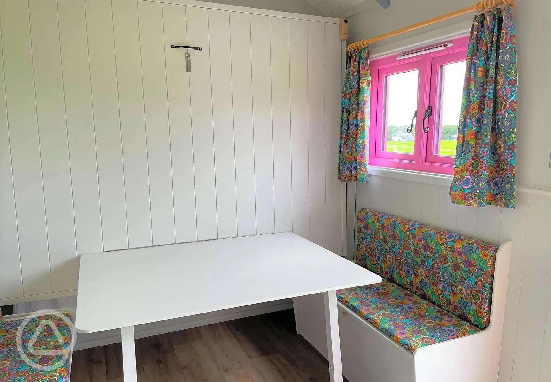 Shepherd's hut dining area