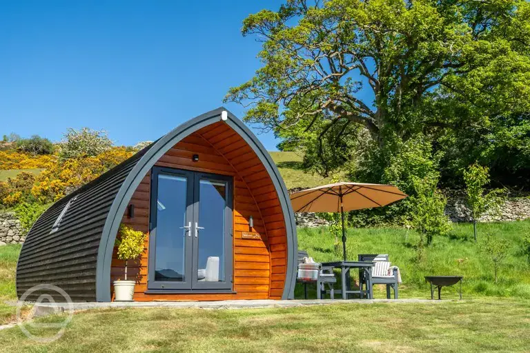 Glamping pod and outdoor seating area
