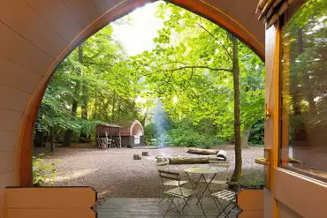 View from Daisy camping pod into the main clearing with firepit