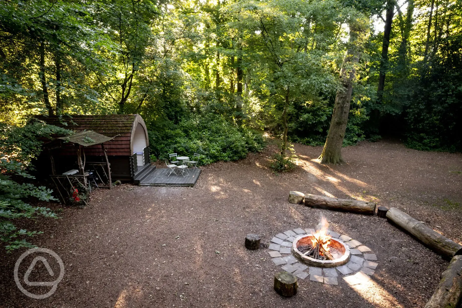 Aerial view camping pod and fire pit