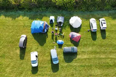 Aerial of the non electric grass pitches at Pitt Farm Camping