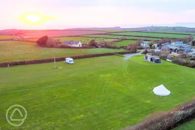 Aerial of the campsite at sunset