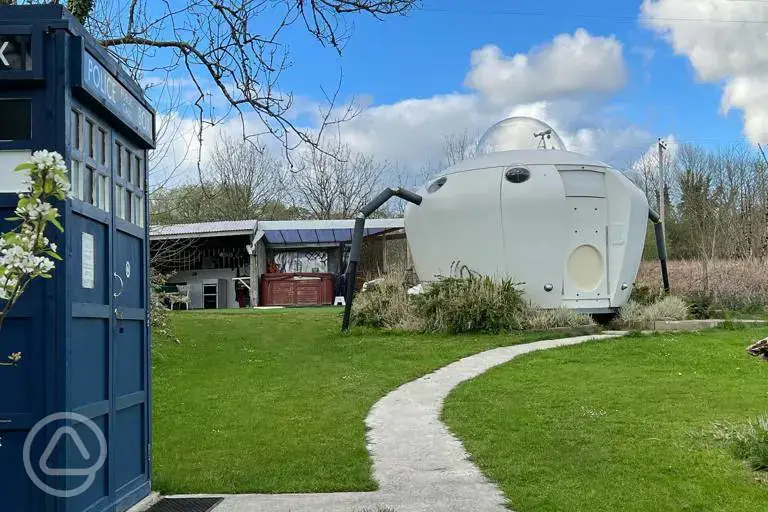 Spodnic UFO camping pod with Tardis bathroom at Melin Mabes