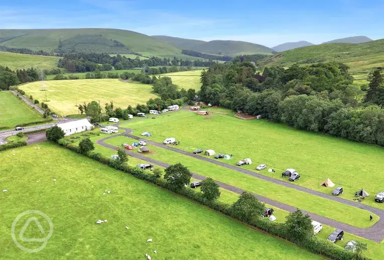 Aerial of Bush of Ewes with surrounding farmland and hills