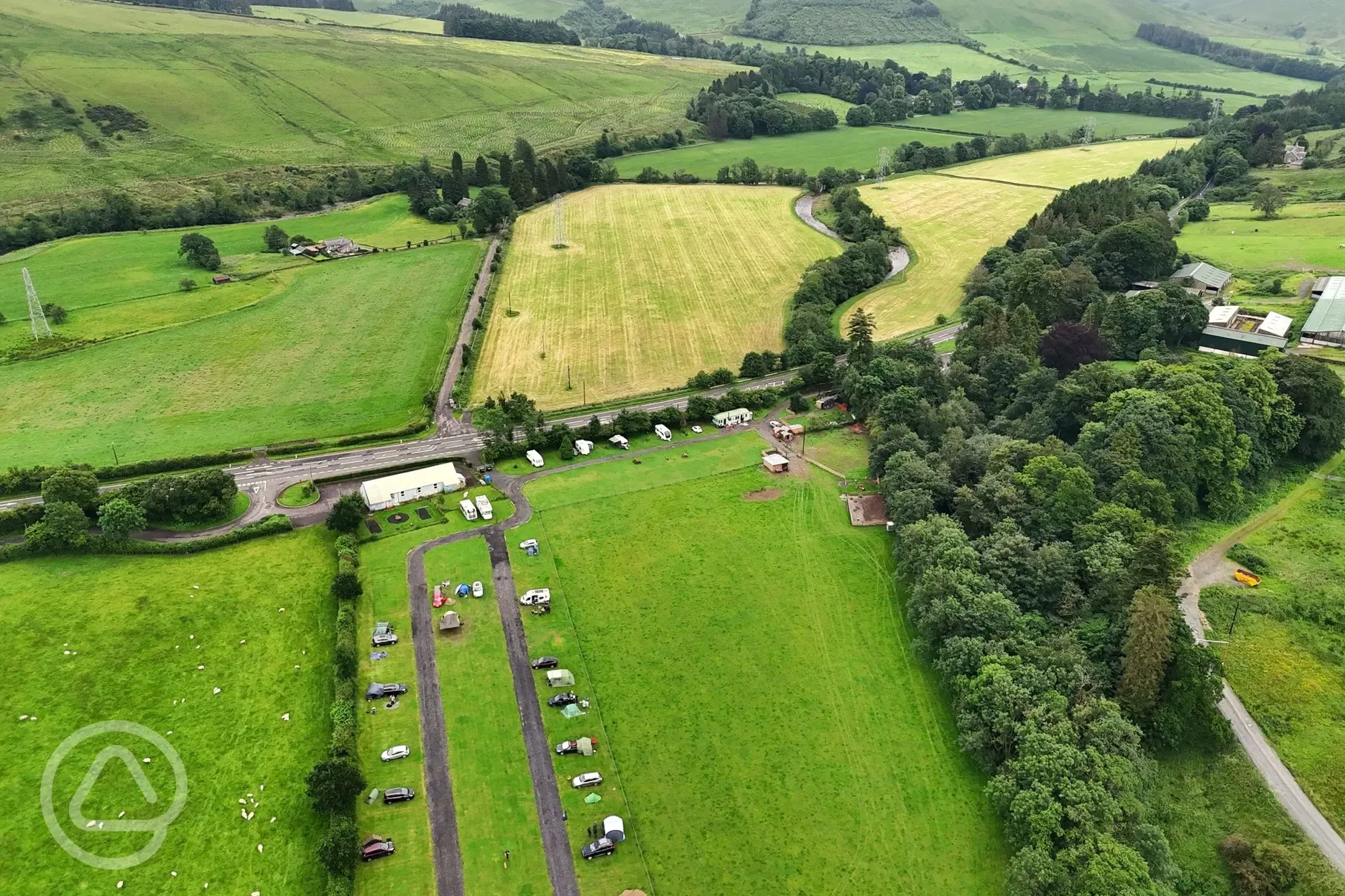 Aerial of Bush of Ewes with surrounding farmland and hills