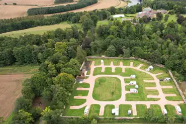 Aerial view of the hardstandings at Walled Garden Caravan Park at Paxton House
