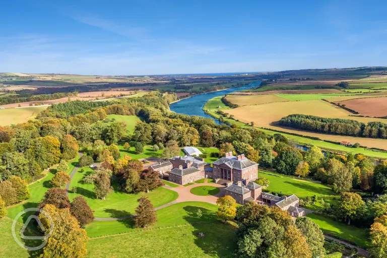 Aerial of Paxton House with views to the River Tweed