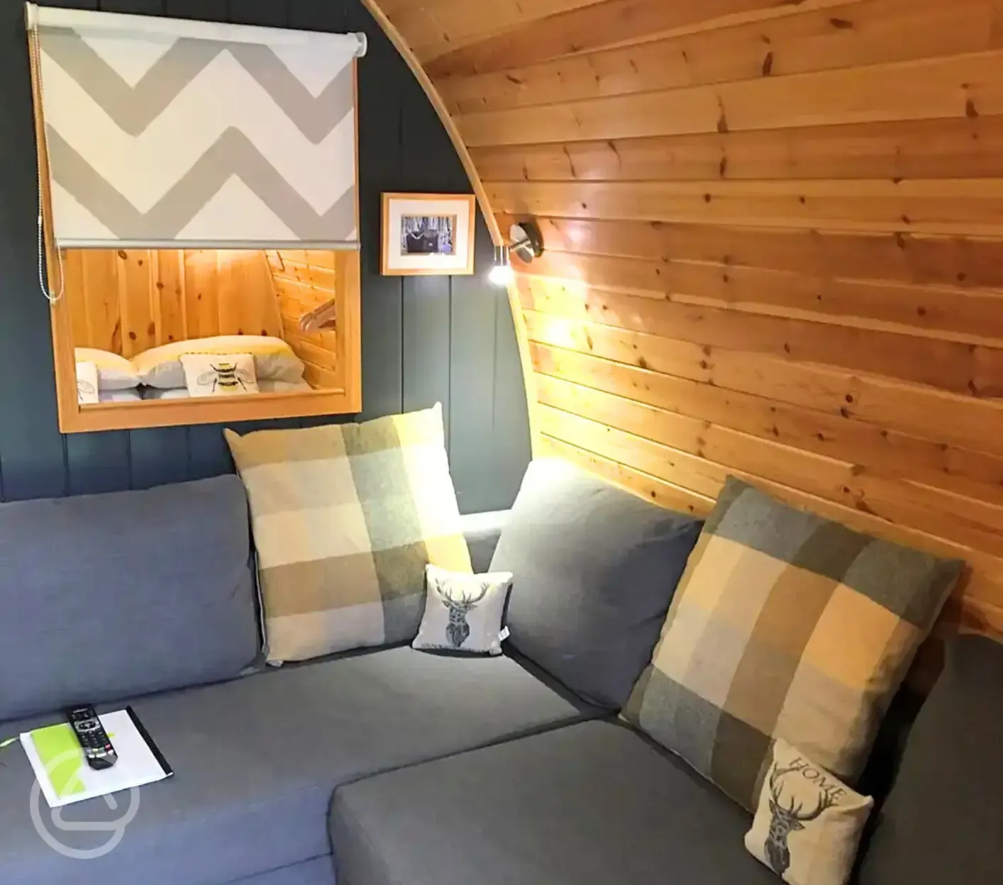 Pod lounge area with sofa