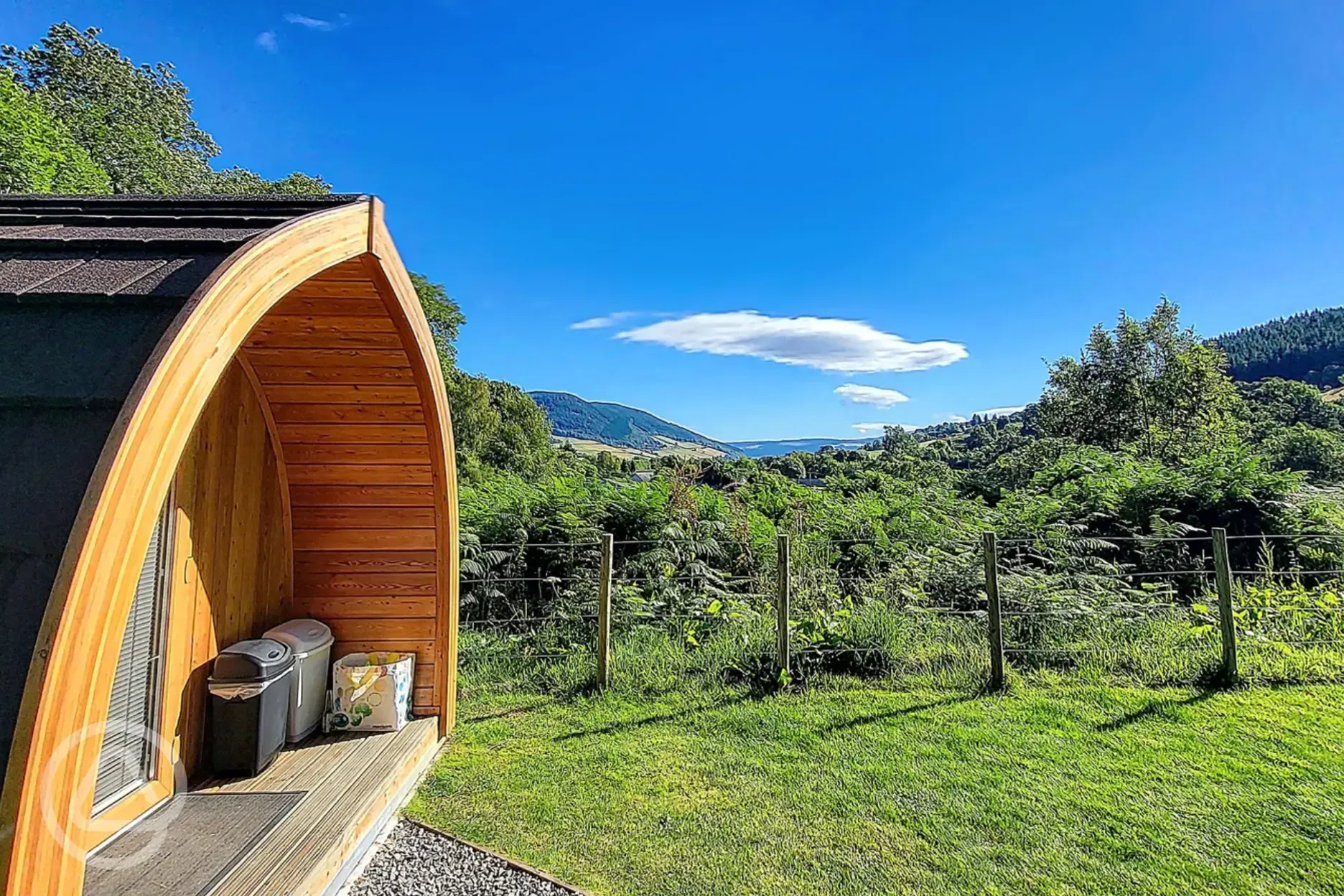 External of decking area and views from Colite Glampod towards Loch Ness