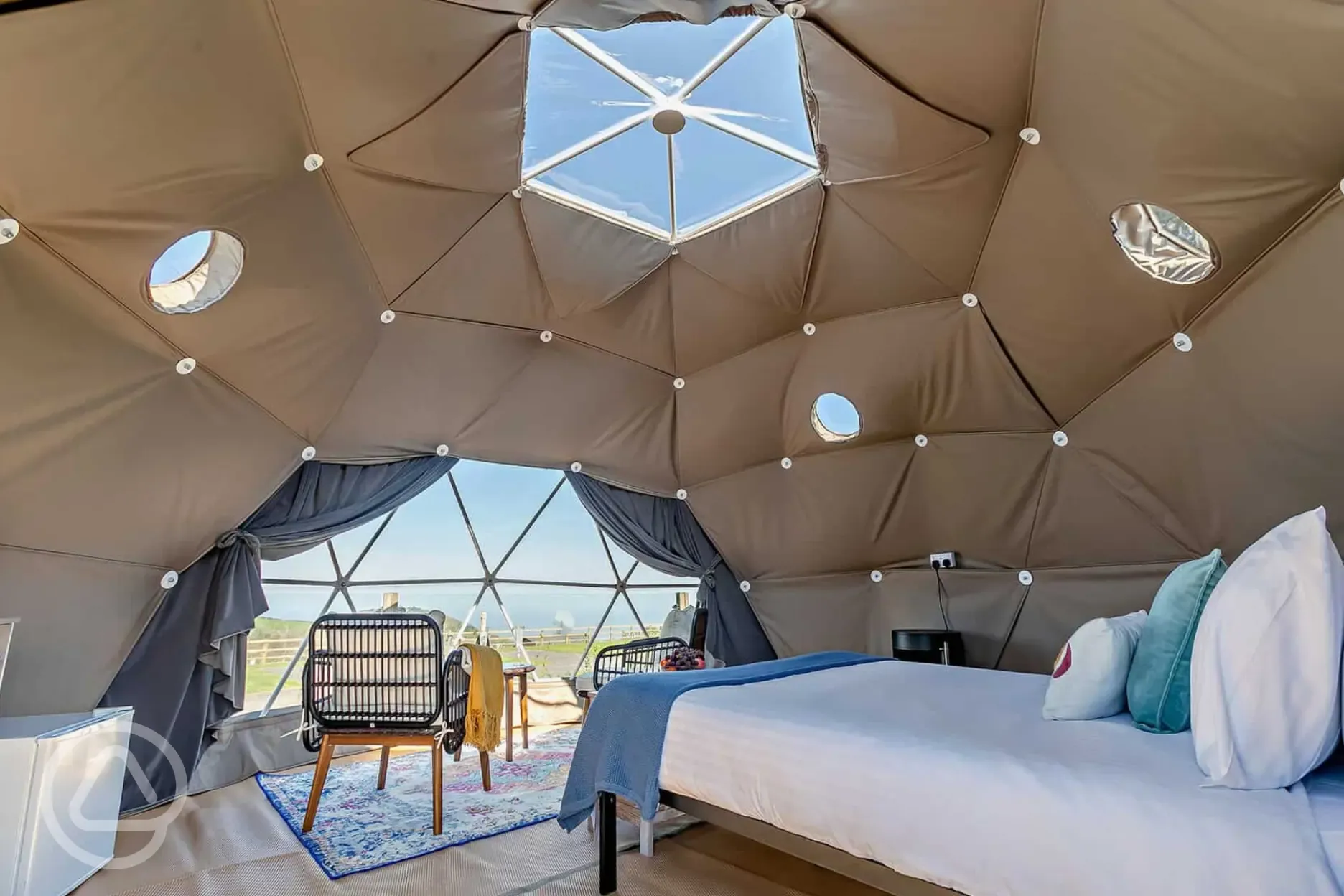 Double bed in geodome and furniture
