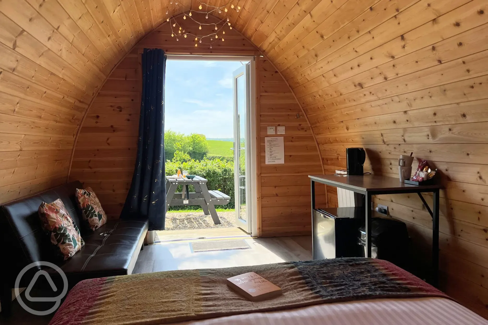 View from inside the camping pod with valley views (pet friendly)