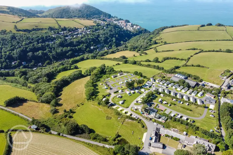 Aerial view of Lynmouth Holiday Retreat with sea views of Lynmouth Bay