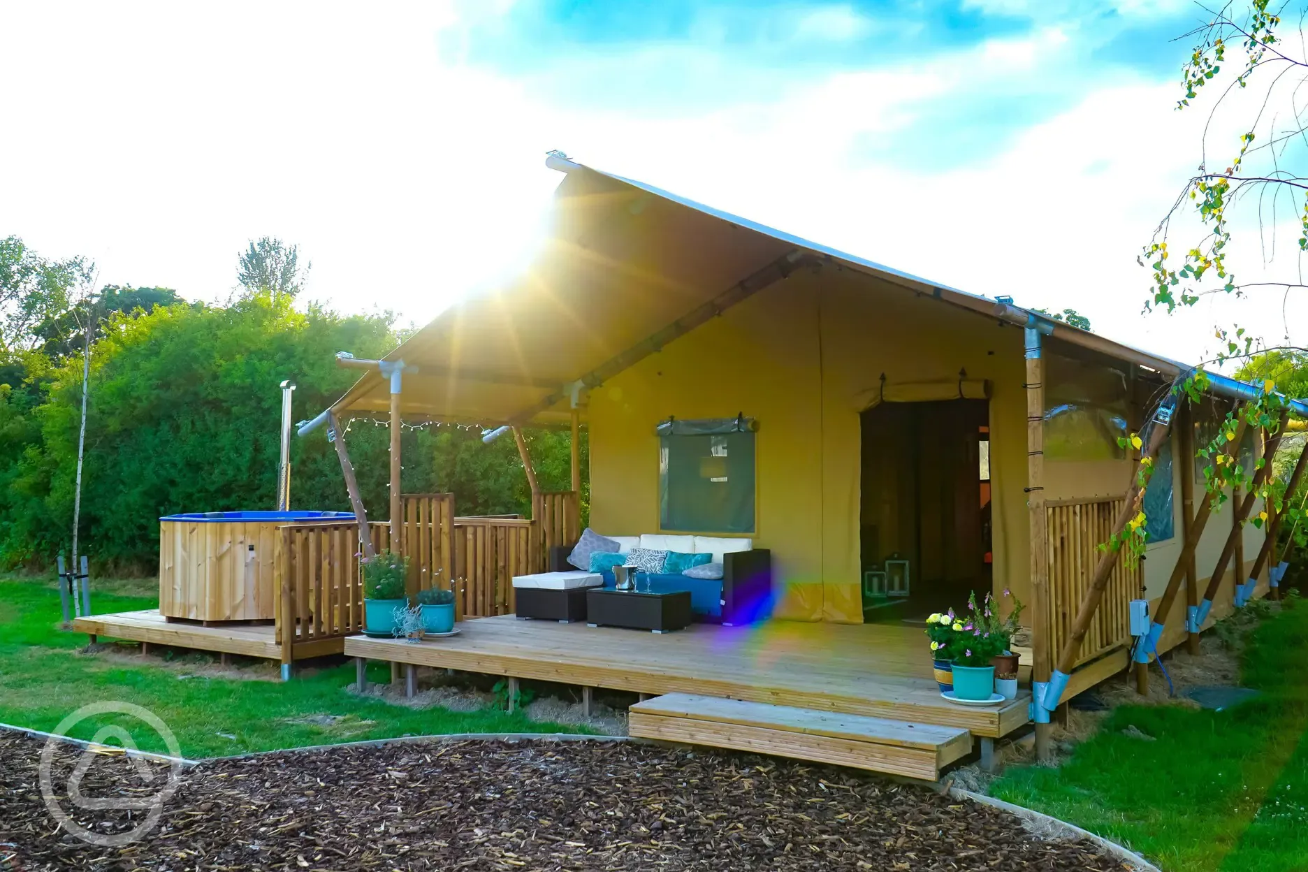 Safari tent with hot tub