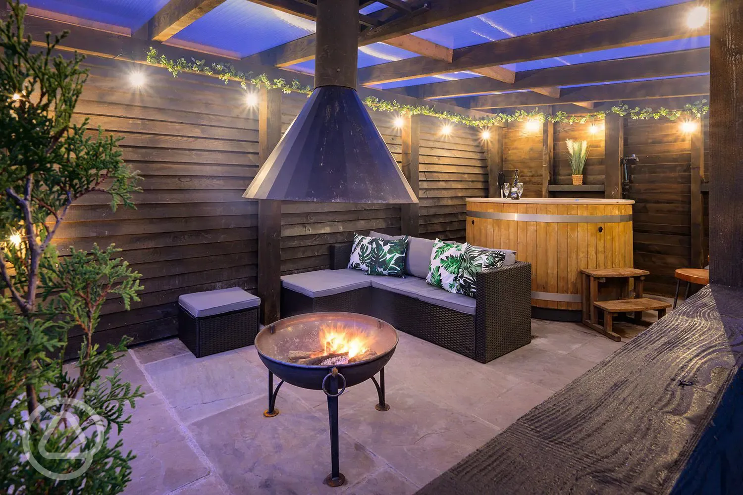 Exterior of the Waitby deluxe ensuite pod with hot tub at Sandwath Farm 