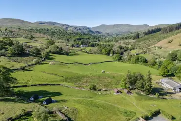 Aerial of Kentmere Farm Pods in the Lake District