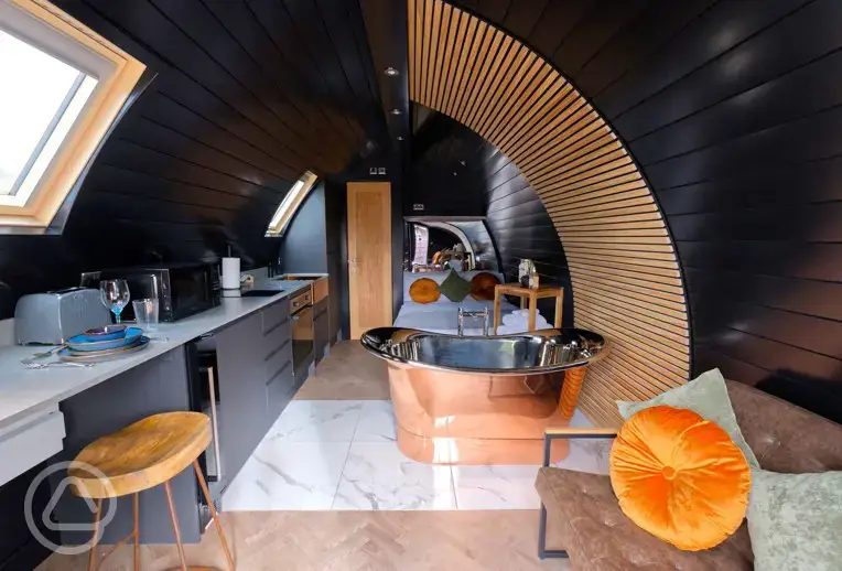 Boujee glamping pod interior