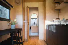 Hare glamping cabin kitchenette and ensuite bathroom with compost loo