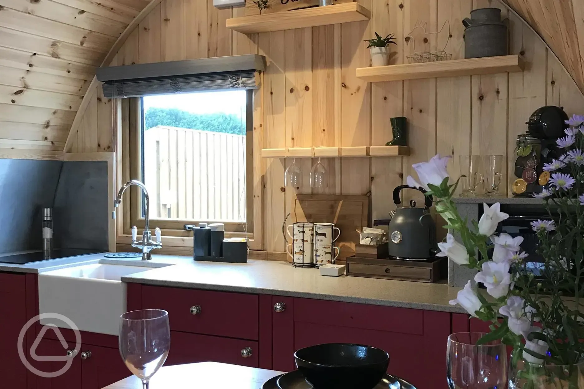 Bluebell ensuite glamping pod bedroom kitchen and dining area