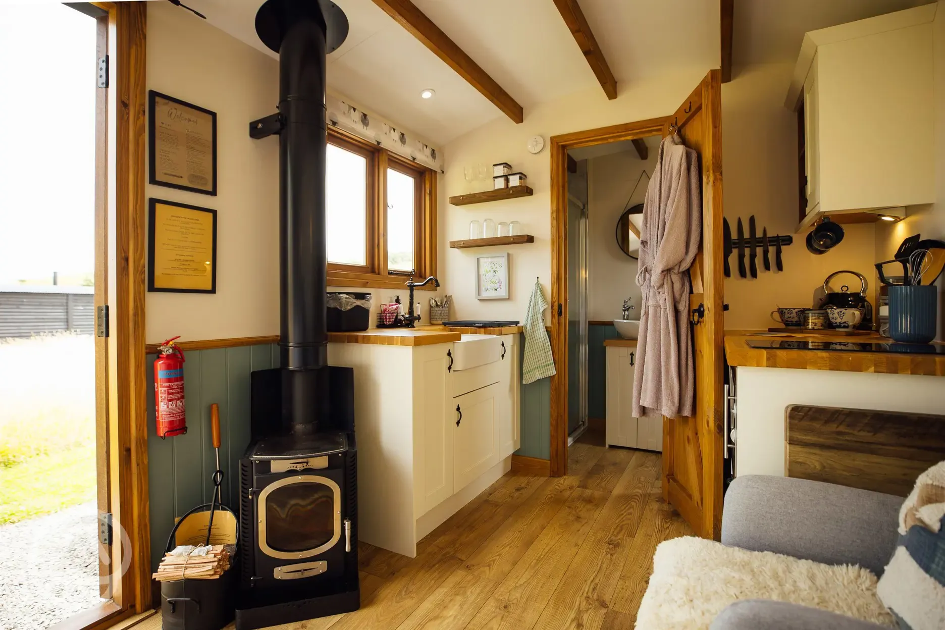 Maiden shepherd's hut kitchenette and wood burner