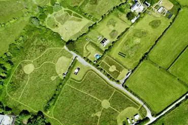 Bird's eye view of Stay Wild Cornwall with mown paths