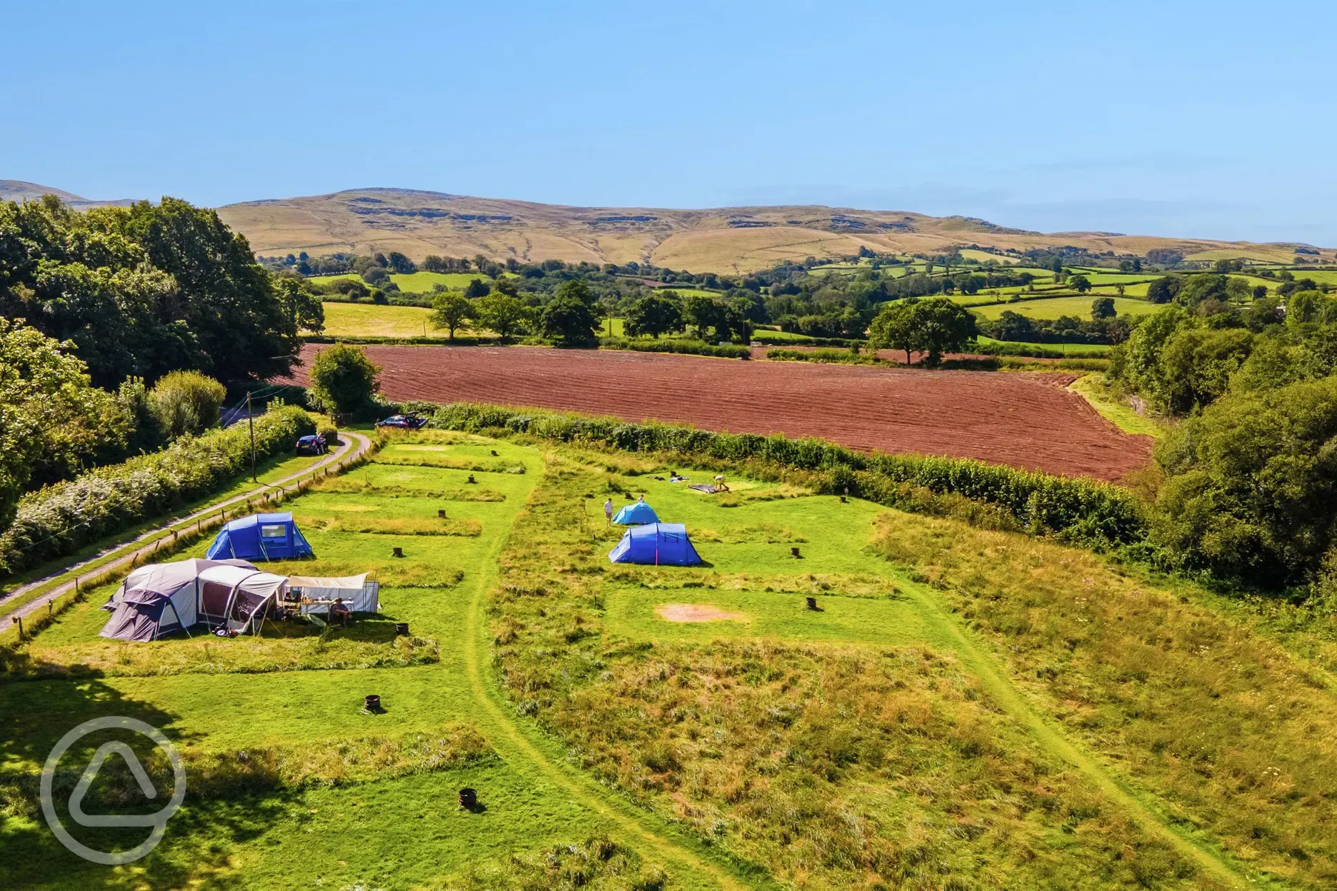 Aerial of the non electric grass tent pitches