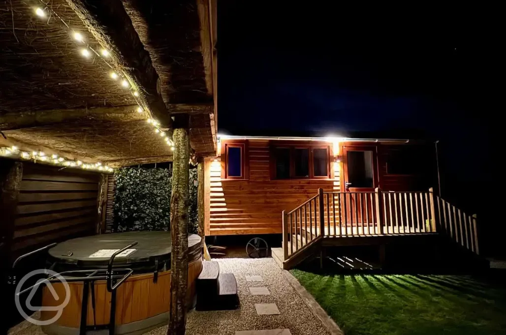 Copper Beech shepherd's hut at night