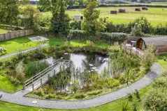 Aerial of Bowcliffe pod overlooking the wildlife pond