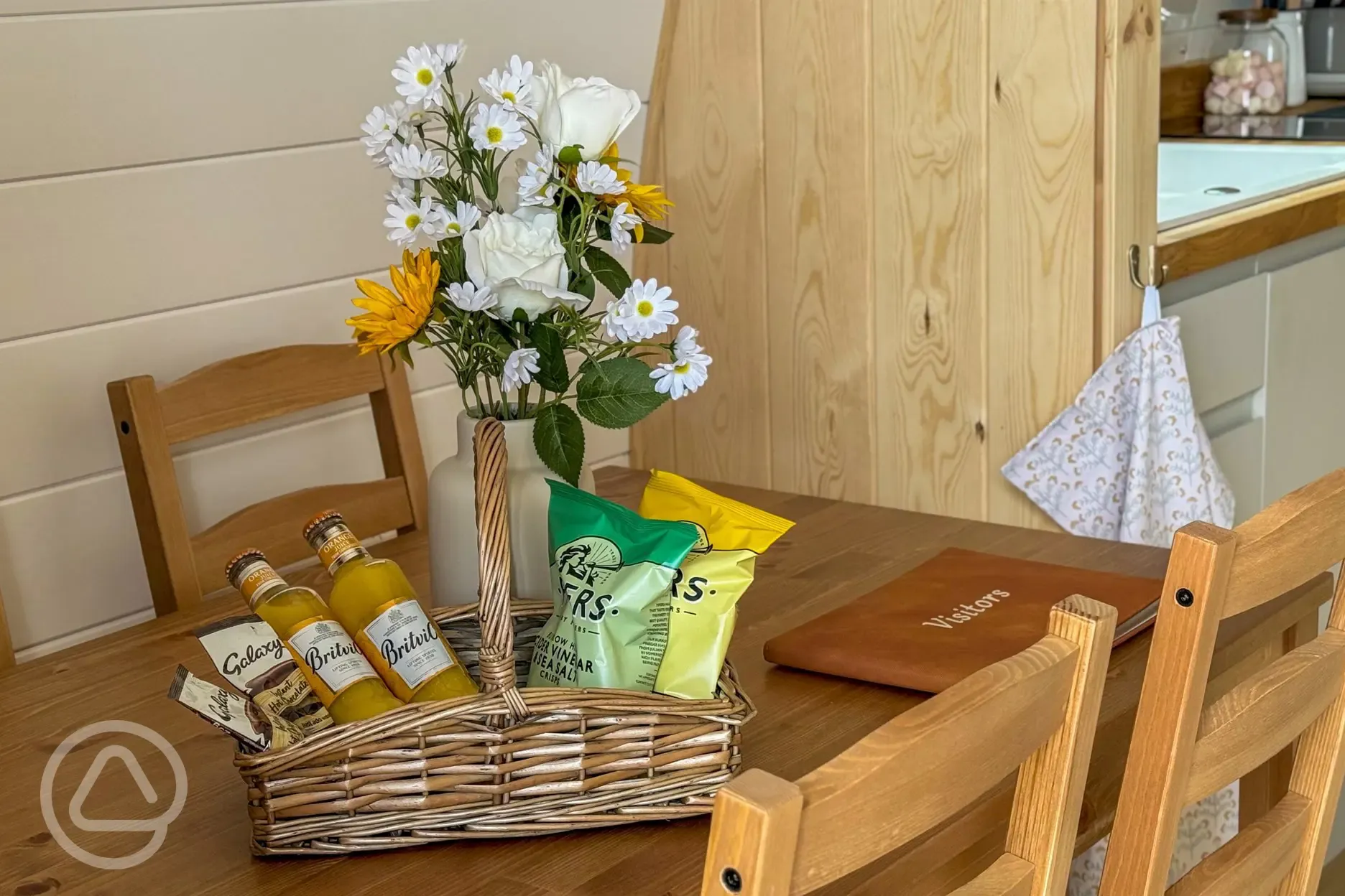 A welcome basket on arrival with milk, coffee and tea
