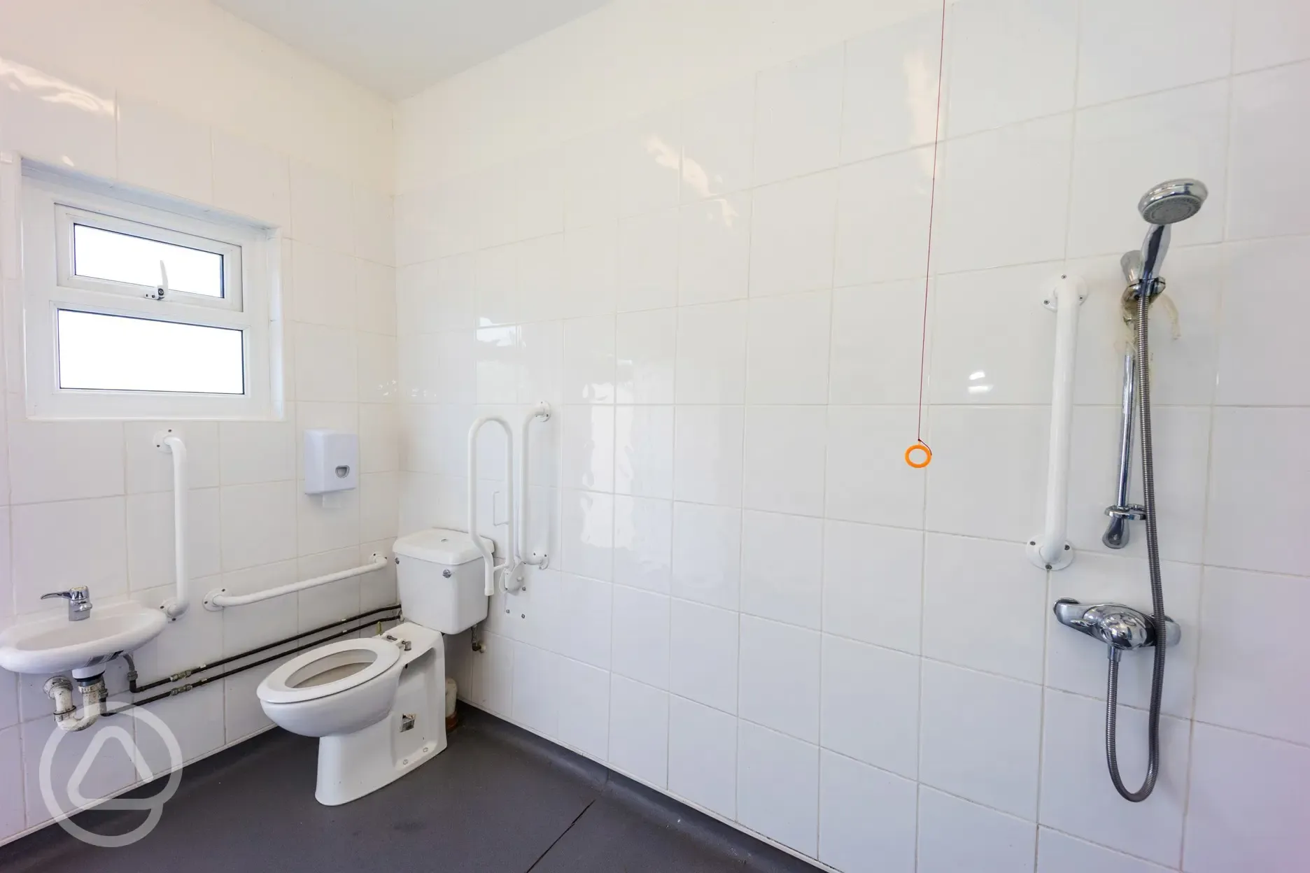 Accessible bathroom with a shower and grab rails