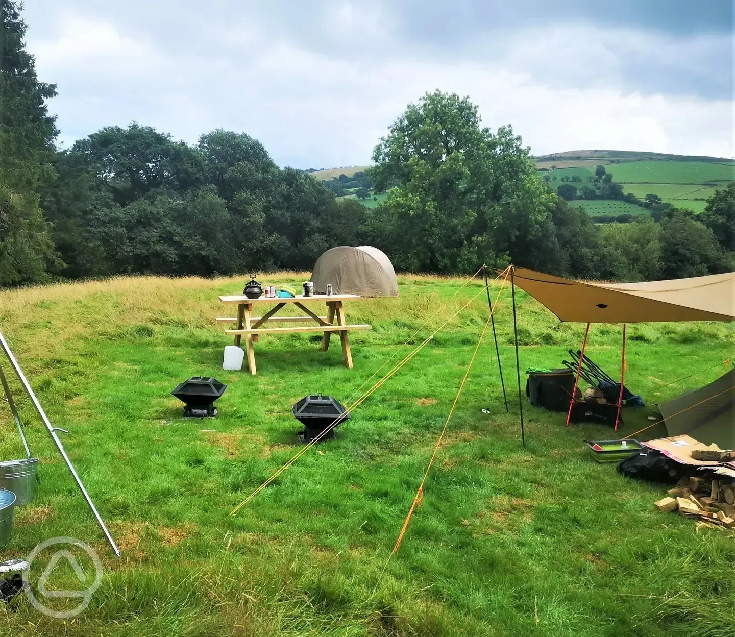 Camping pitch with equipment