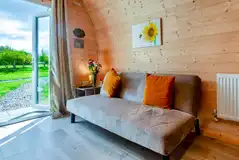 Bryn Hafod glamping pod double sofa bed and views of the French doors Bryn Hafod glamping pod double sofa bed and views of the French doors