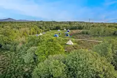 Aerial view of the car-free camping meadow