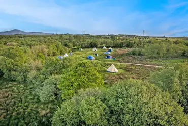 Aerial view of the car-free camping meadow