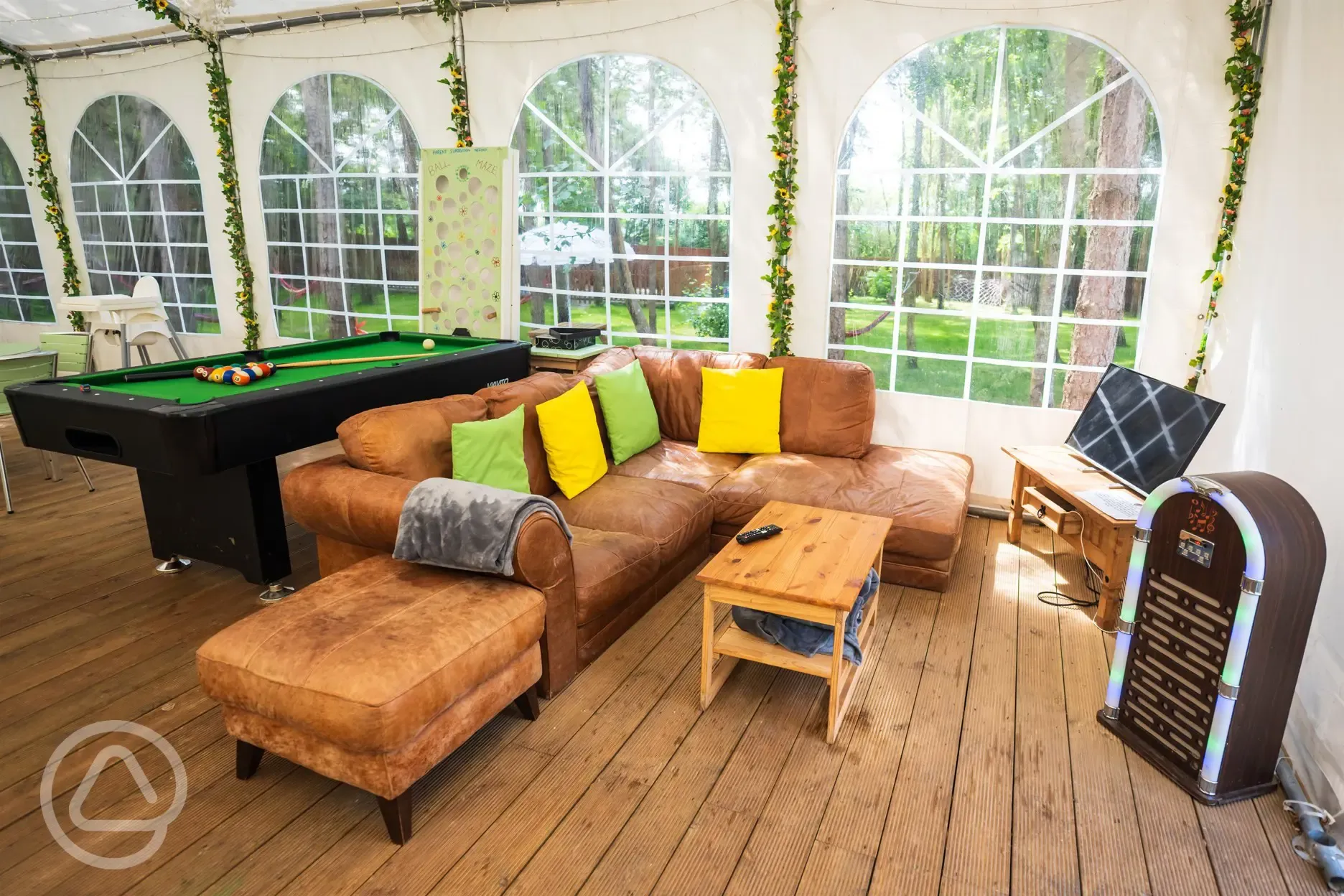 Communal marquee sofa area