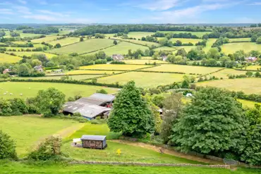 Aerial of the shepherd's hut and countryside views