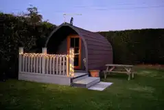 Family glamping pod at night Family glamping pod at night