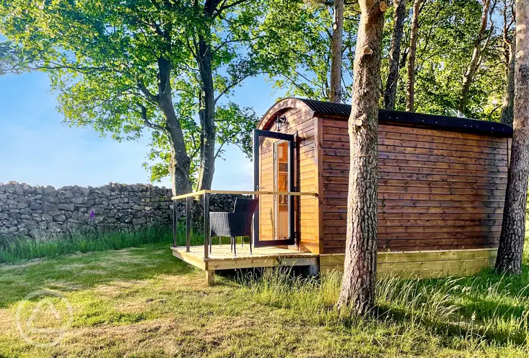 Carrock Fox shepherd's hut with outdoor decking and seating