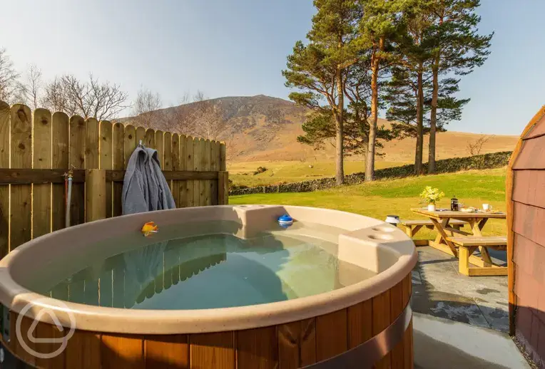 wood fired hot tub in the glamping pods at Carrock Glamping Pods