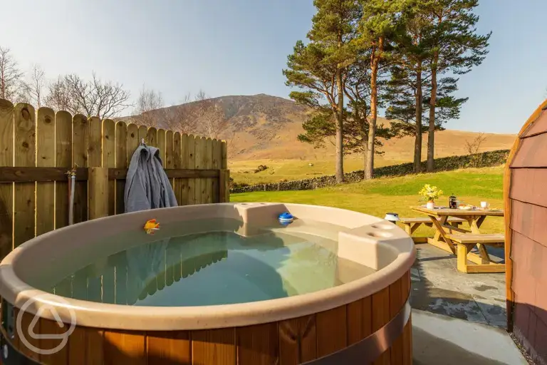wood fired hot tub in the glamping pods at Carrock Glamping Pods