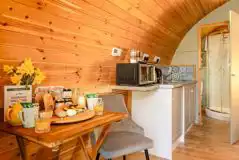 Glamping pod kitchen and dining area