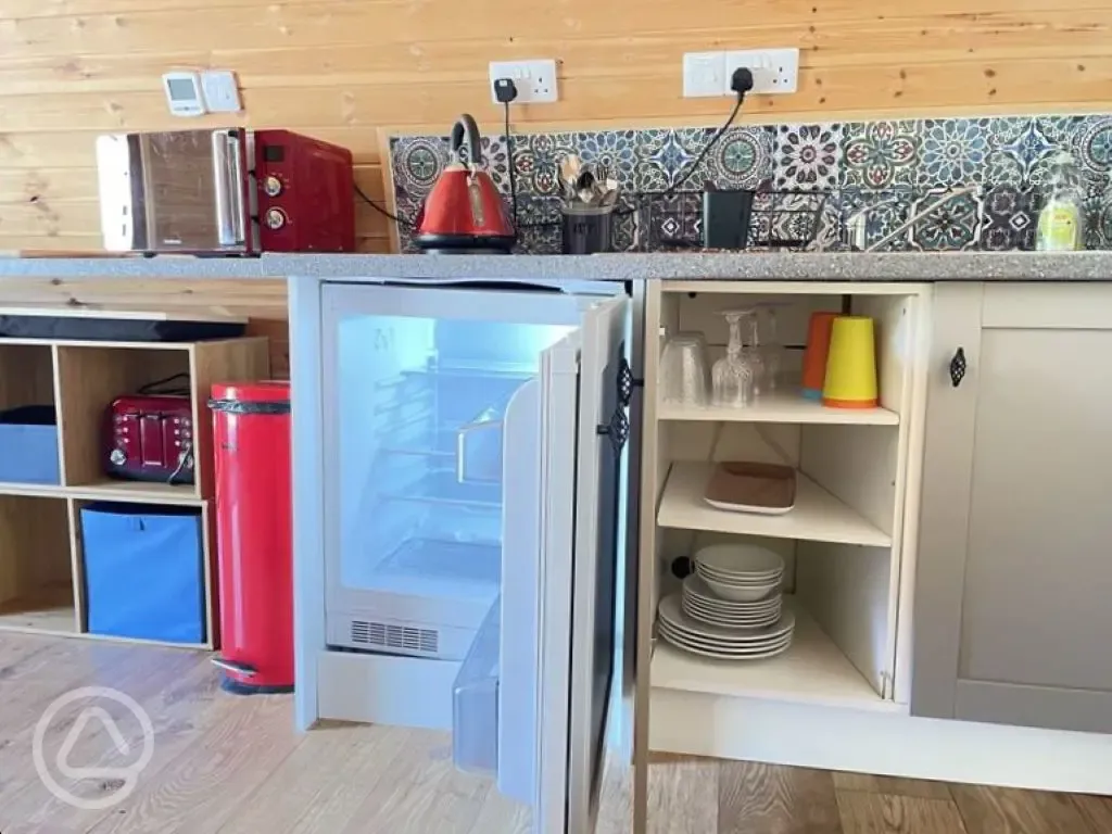 Glamping pod kitchen area