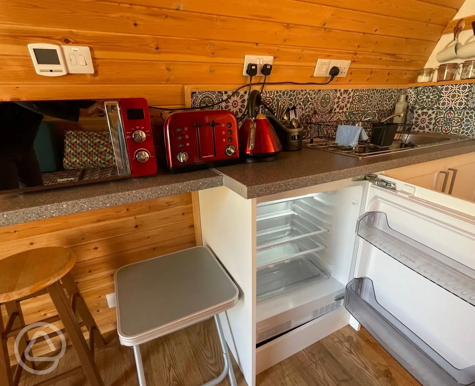 Glamping pod kitchen area