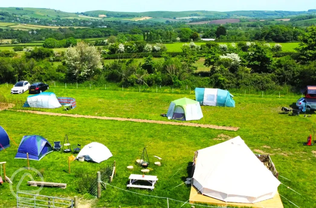 Aerial of the bell tent and non electric grass pitches