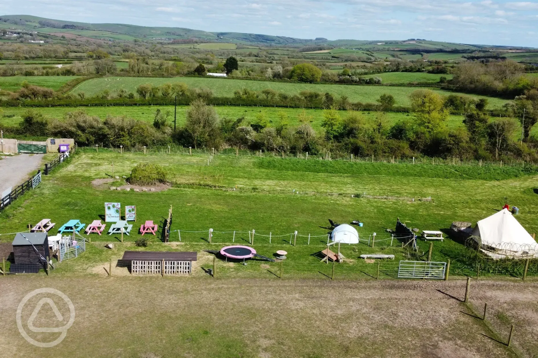 Aerial of the bell tents and non electric grass pitches