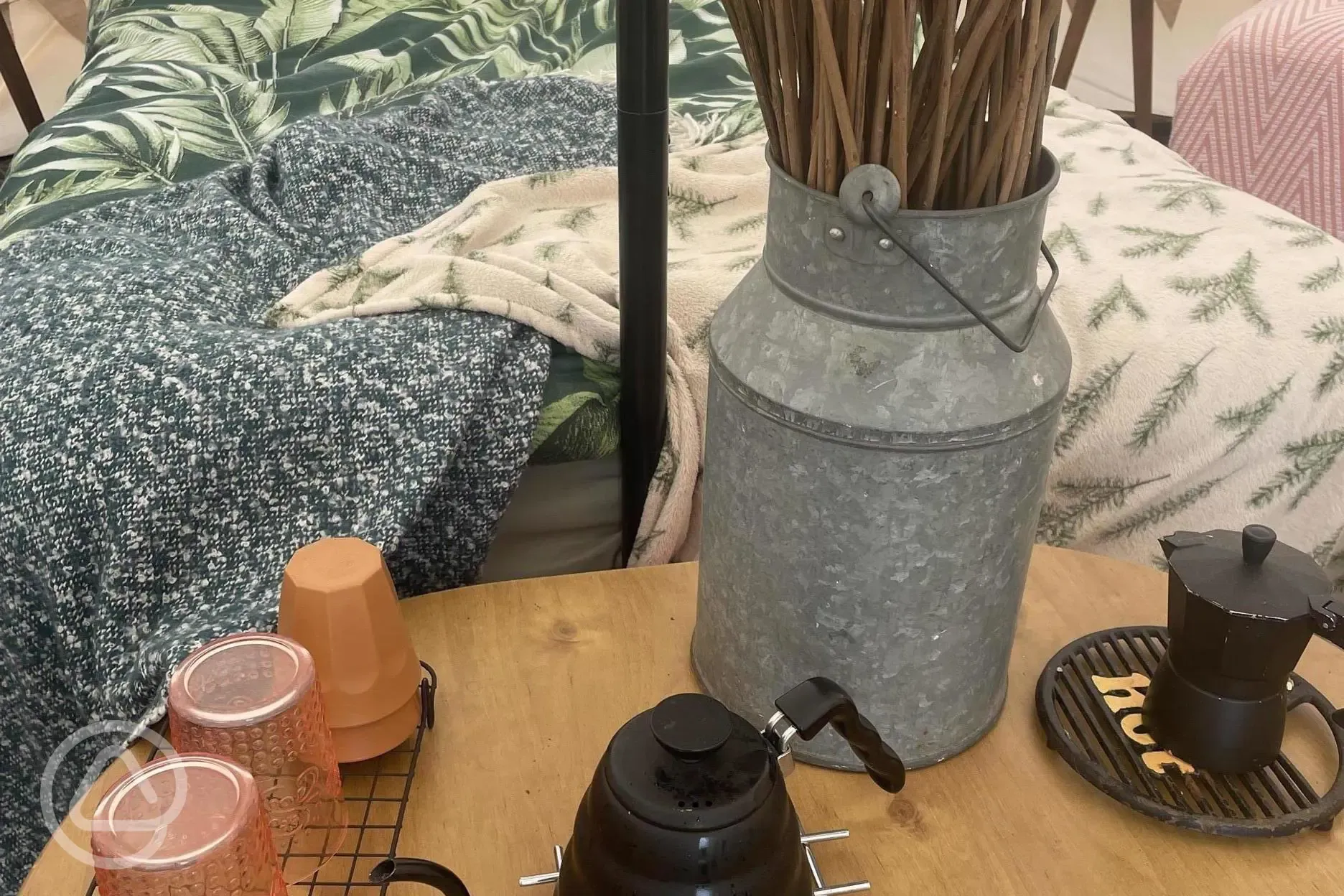 Coffee making facilities in the bell tent