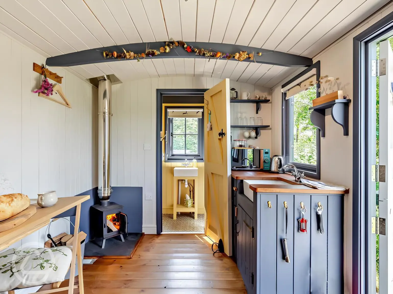 Oak shepherd's hut interior