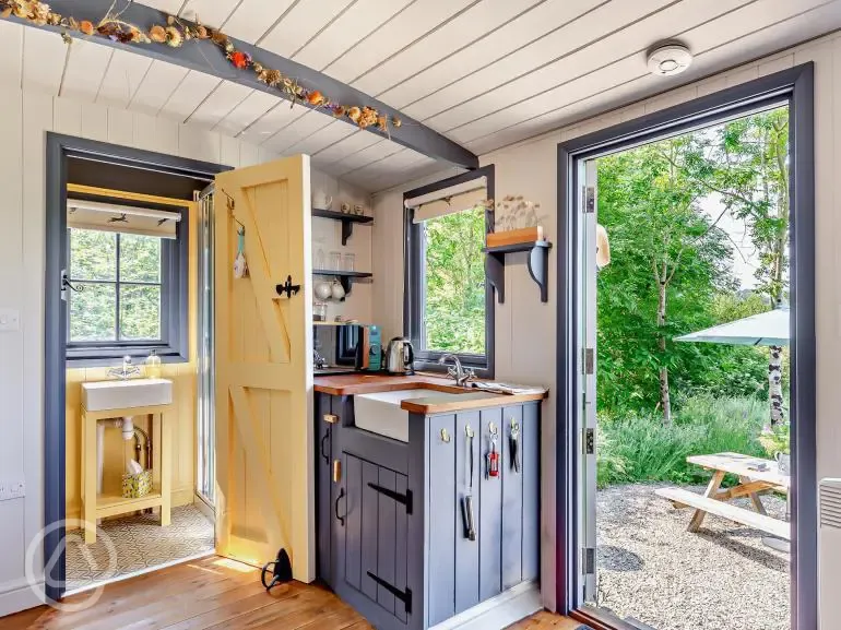 Oak shepherd's hut interior